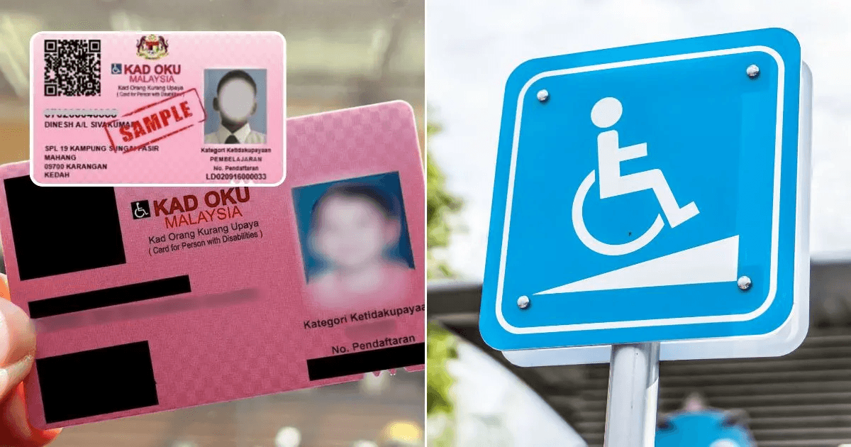 OKU card registration guide — a person holding official identification documents at a government counter